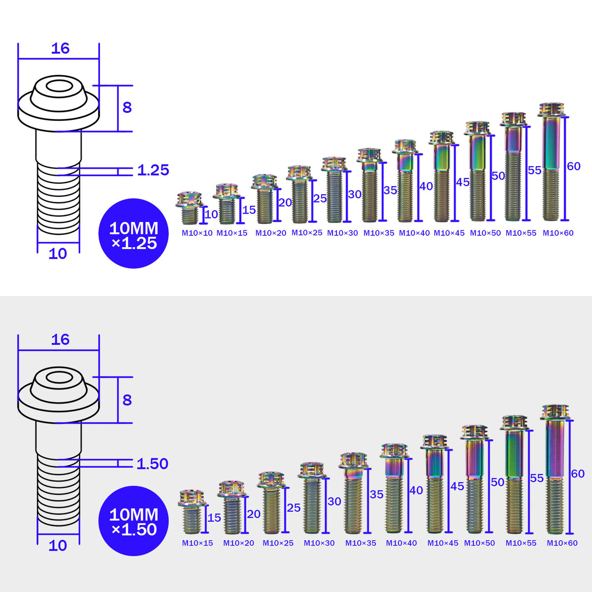 M10x10~90mm Titanium Bolts Pitch 1.25/1.5mm Hexagon Head Flanged Screws for Motorcycle Accessory Parts